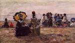 Eugene Boudin  - Bilder Gemälde - Beach Scene, the Yellow Parasol