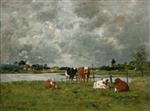 Eugene Boudin  - Bilder Gemälde - Cows in a Field under a Stormy Sky