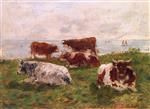 Eugene Boudin  - Bilder Gemälde - Cows in a Meadow by the Sea