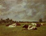 Eugene Boudin  - Bilder Gemälde - Cows in a Meadow, Morning Effect
