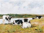 Eugene Boudin  - Bilder Gemälde - Cows on a Riverbank