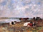 Eugene Boudin  - Bilder Gemälde - Cows on the Banks of the Touque