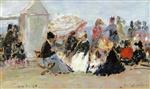 Eugene Boudin  - Bilder Gemälde - Crinolines on the Beach, Trouville