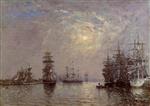 Eugene Boudin  - Bilder Gemälde - European Basin, Sailing Ships at Anchor, Sunset