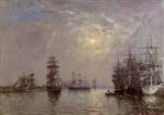 Bild:European Basin, Sailing Ships at Anchor, Sunset