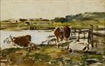 Eugene Boudin  - Bilder Gemälde - Fence near a Pond with Two Cows