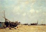 Eugene Boudin  - Bilder Gemälde - Fishing Boats Aground and at Sea