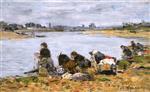 Eugene Boudin  - Bilder Gemälde - Laundresses on the Banks of the Touques