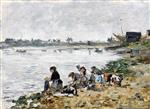 Eugene Boudin  - Bilder Gemälde - Laundresses on the Banks of the Touques