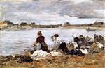 Eugene Boudin  - Bilder Gemälde - Laundresses on the Banks of the Touques