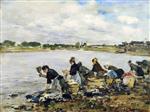 Eugene Boudin  - Bilder Gemälde - Laundresses on the Banks of the Touques