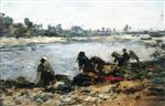 Eugene Boudin  - Bilder Gemälde - Laundresses on the Banks of the Touques-2