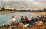 Eugene Boudin  - Bilder Gemälde - Laundresses on the Banks of the Touques-2