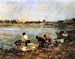 Eugene Boudin  - Bilder Gemälde - Laundresses on the Banks of the Touques-2