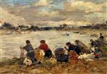 Eugene Boudin  - Bilder Gemälde - Laundresses on the Banks of the Touques-3