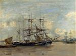 Eugene Boudin  - Bilder Gemälde - Le Havre, Three Master at Anchor in the Harbor