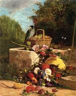 Eugene Boudin  - Bilder Gemälde - Parrot, Fruit and Flowers in a Garden