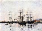 Eugene Boudin  - Bilder Gemälde - Port, Sailboats at Anchor