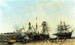 Eugene Boudin  - Bilder Gemälde - Portrieux, the Port at Low Tide, Unloading Fish