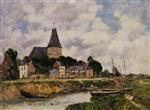 Eugene Boudin  - Bilder Gemälde - Quillebeuf, View of the Church from the Canal