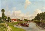Eugene Boudin  - Bilder Gemälde - Saint-Velery-sur-Somme, Barges on the Canal