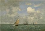Eugene Boudin  - Bilder Gemälde - Ships and Sailing Boats Leaving Le Havre