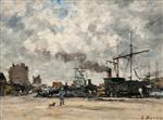 Eugene Boudin  - Bilder Gemälde - The Wharf - Shipping in Antwerp Harbour