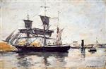 Eugene Boudin  - Bilder Gemälde - Three Masted Ship at Dock