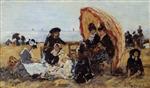 Eugene Boudin  - Bilder Gemälde - Trouville, on the Beach Sheltered by a Parasol