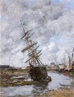 Eugene Boudin  - Bilder Gemälde - Trouville, Sailboat Beached in the Port