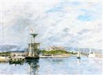 Eugene Boudin  - Bilder Gemälde - View of the Port of Antibes, the Quay, Morning