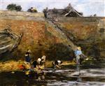 Eugene Boudin  - Bilder Gemälde - Washerwomen by a River