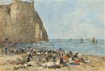 Eugene Boudin  - Bilder Gemälde - Washerwomen on the Beach of Etretat