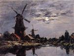 Eugene Boudin  - Bilder Gemälde - Windmills and Canel near Dordrecht