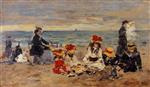 Eugene Boudin  - Bilder Gemälde - Woman and Children on the Beach at Trouville
