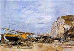 Eugene Boudin  - Bilder Gemälde - Étretat, Boats Stranded on the Beach