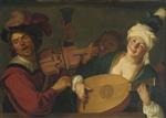 Gerrit van Honthorst - Bilder Gemälde - A Merry Group Behind a Balustrade with a Violion and a Lute Player