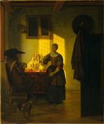 Pieter de Hooch - Bilder Gemälde - A Couple Playing Cards, with a Serving Woman