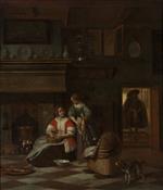 Pieter de Hooch - Bilder Gemälde - A woman and a maid in an interior