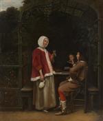 Pieter de Hooch - Bilder Gemälde - A Woman and Two Men in an Arbour