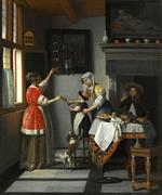 Pieter de Hooch - Bilder Gemälde - Interior with a Child Feeding a Parrot