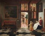 Pieter de Hooch - Bilder Gemälde - Interior with a woman reading and and a child with a hoop