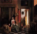 Pieter de Hooch - Bilder Gemälde - Mother Lacing Her Bodice beside a Cradle