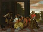 Pieter de Hooch  - Bilder Gemälde - Music making company with a monkey on a terrace