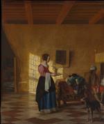 Pieter de Hooch  - Bilder Gemälde - Woman with a Water Pitcher, and a Man by a Bed