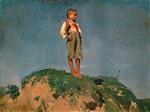 Franz von Lenbach  - Bilder Gemälde - Shepherd Boy on a Grassy Hill