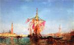 Felix Ziem - Bilder Gemälde - Bedecked Boat in the Harbor, Venice