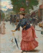 Jean Beraud - Bilder Gemälde - Boulevard scene with an elegant lady