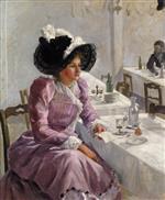 Jean Beraud  - Bilder Gemälde - Lady in a Lilac Dress Holding a Letter in a Restaurant
