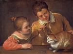 Annibale Carracci  - Bilder Gemälde - Two Children Teasing a Cat
